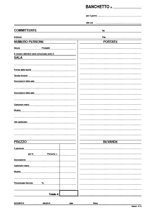 Blocco banchetti per preventivi e ordini 2719